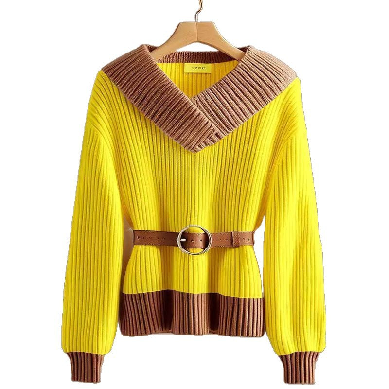 Damen Modischer und eleganter Strickpullover mit Gürtel Echo Archiv
