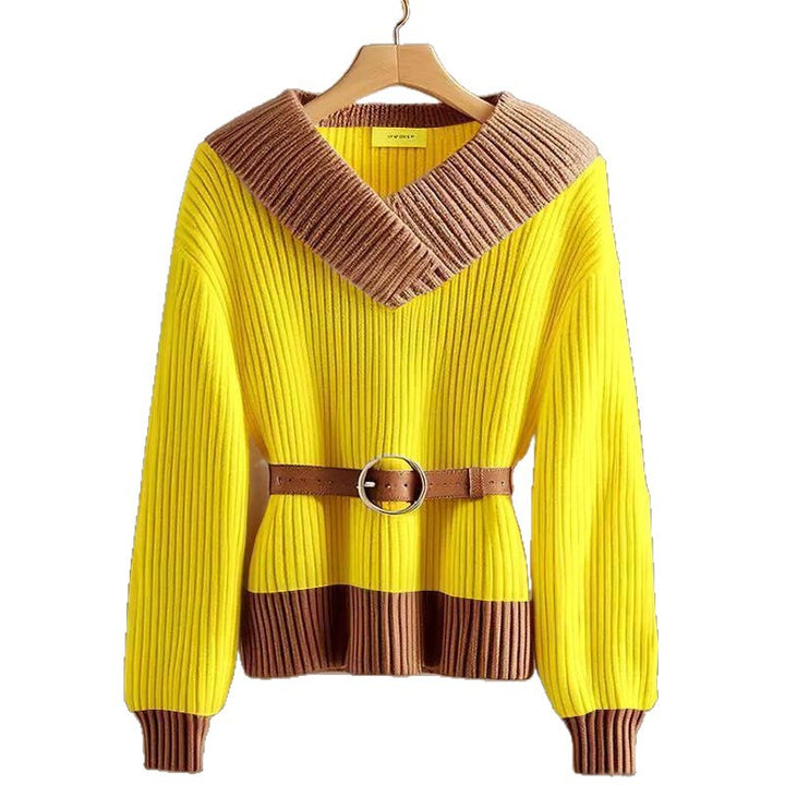 Damen Modischer und eleganter Strickpullover mit Gürtel Echo Archiv
