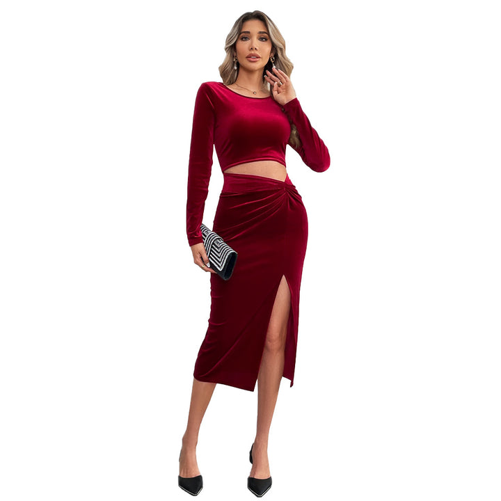 Damen elegantes Samt-Zweiteiler-Set mit langärmeligem Crop-Top, tailliertem Midirock und seitlichem Beinschlitz – Élanora