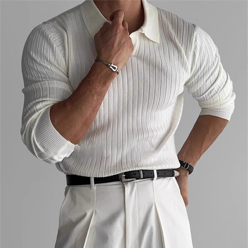 Herren nan figurbetontes Rippstrick-Polopullover mit offenem V-Ausschnitt und schmaler Passform Echo Archiv