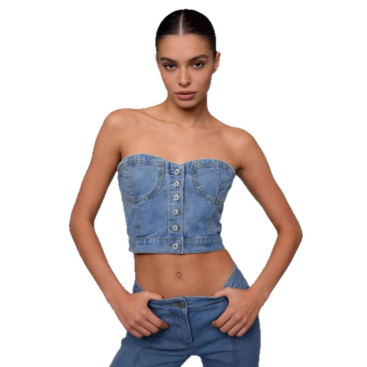 Damen Denim Bustier-Oberteil mit Knopfdetails und tailliertem Schnitt Echo Archiv