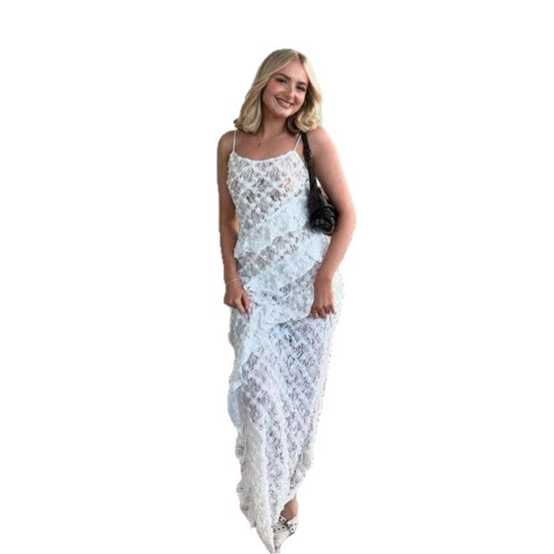 Damen Elegantes Spitzen-Maxikleid mit asymmetrischen Drapierungen Echo Archiv