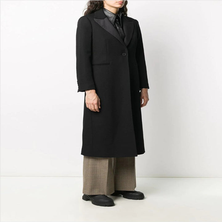 Damen Eleganter Einreihiger Longmantel im Smokingschnitt mit schmalem Revers und Satinbesatz Echoarchiv