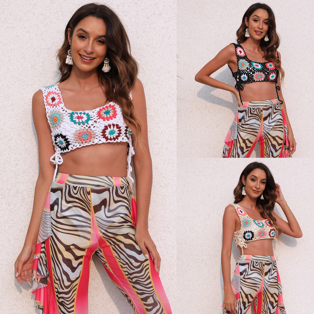 Damen gehäkeltes Crop-Top mit bunten Blumenmotiven Echo Archiv