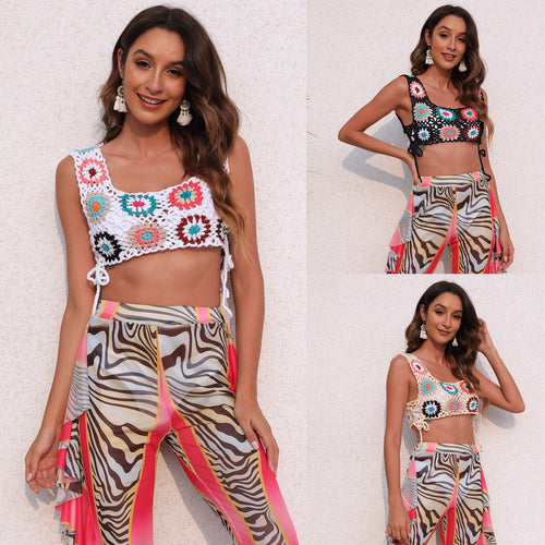 Damen gehäkeltes Crop-Top mit bunten Blumenmotiven Echo Archiv