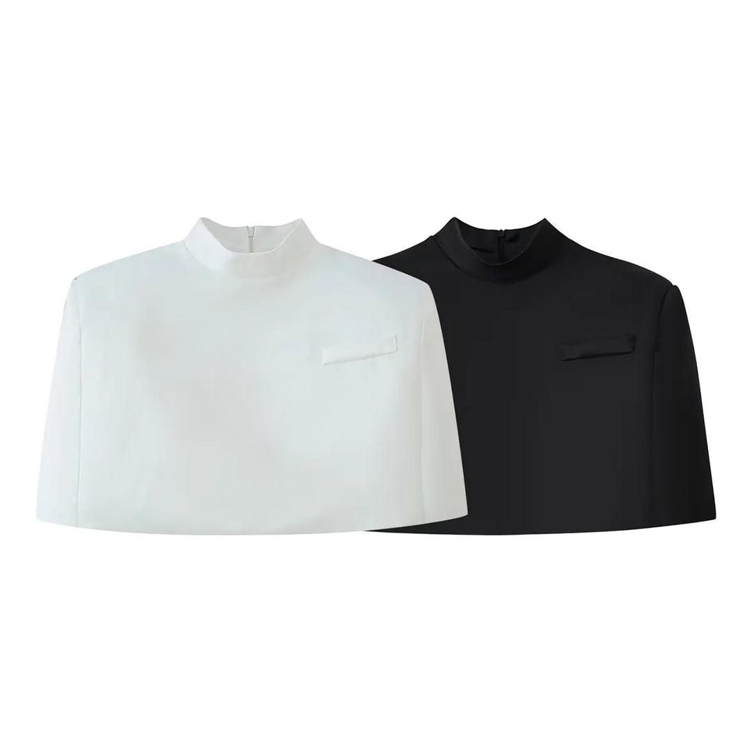 Damen kurzes Capelet-Top mit Stehkragen, verdecktem Rückenreißverschluss und minimalistischer Brustleiste – Célinea