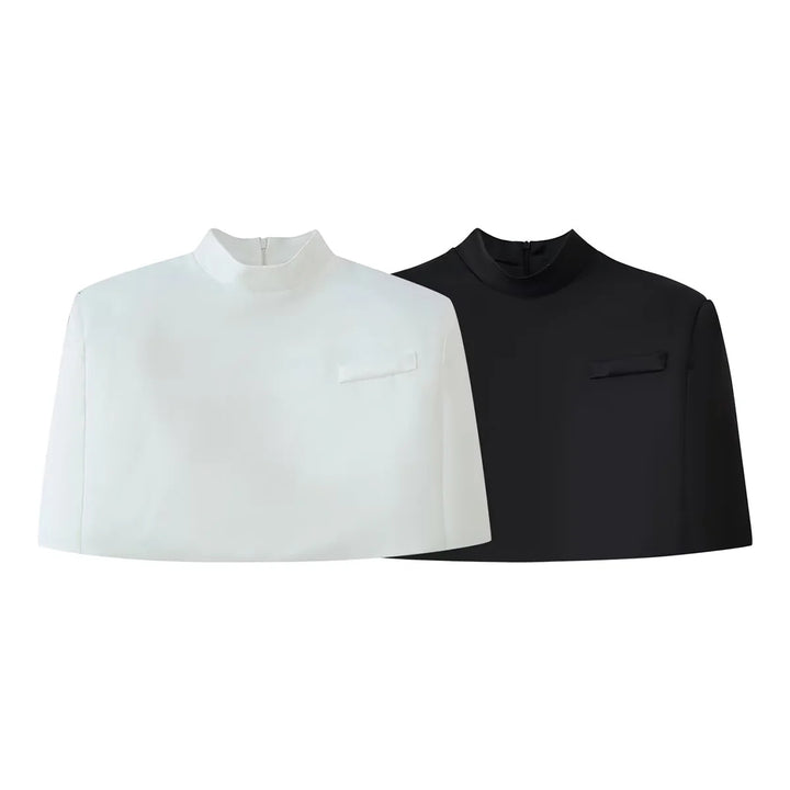 Damen kurzes Capelet-Top mit Stehkragen, verdecktem Rückenreißverschluss und minimalistischer Brustleiste – Célinea