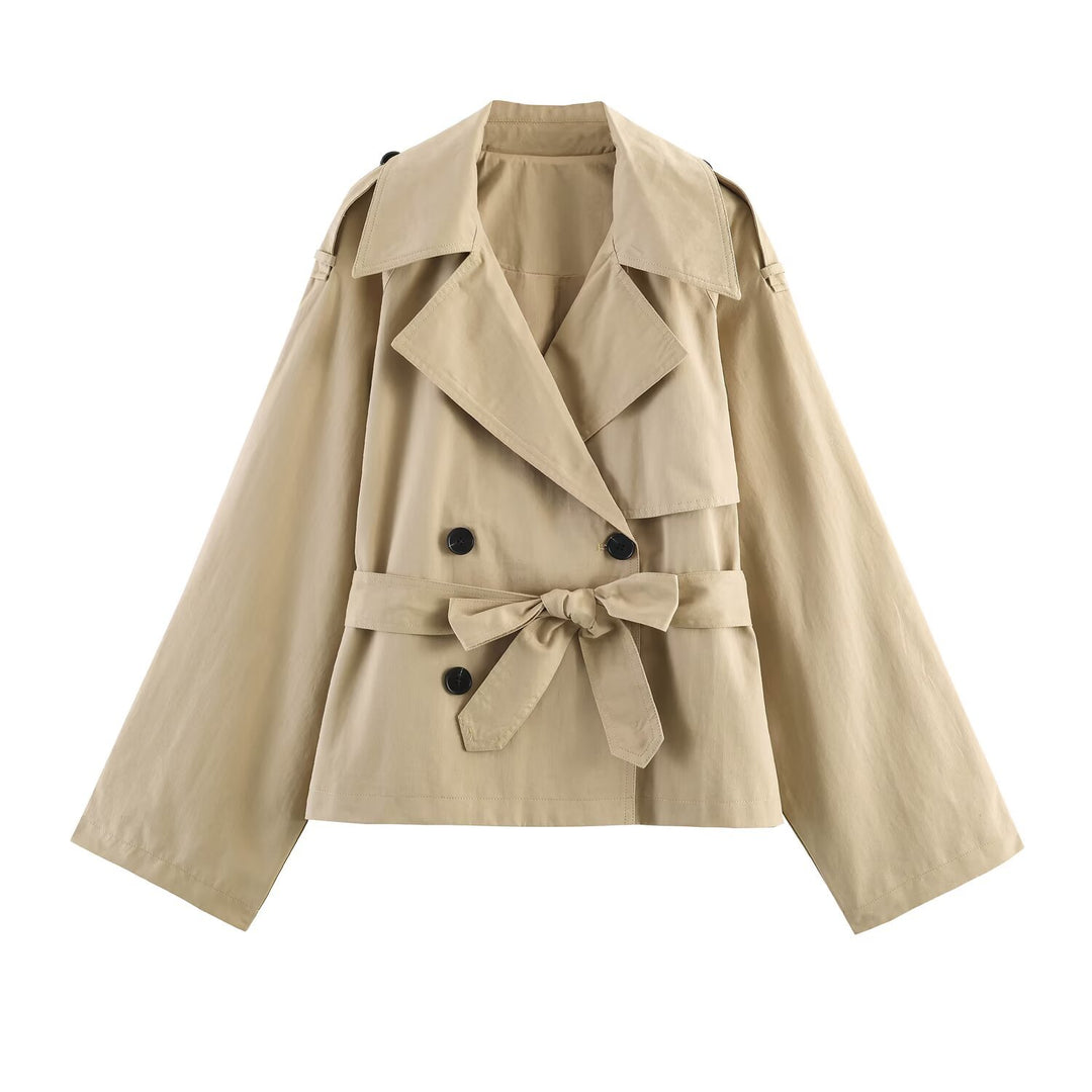 Damen Kurze Cape‑Trenchjacke mit doppelreihiger Knopfleiste und Bindegürtel Echo Archiv