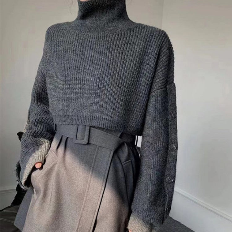 Damen Kurzgeschnittener Rollkragen-Bolero-Überwurf mit langen Ärmelknöpfen – Célinea