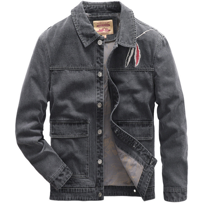 Herren Jeans-Truckerjacke mit Stickdetail und aufgesetzten Taschen – Denvaro
