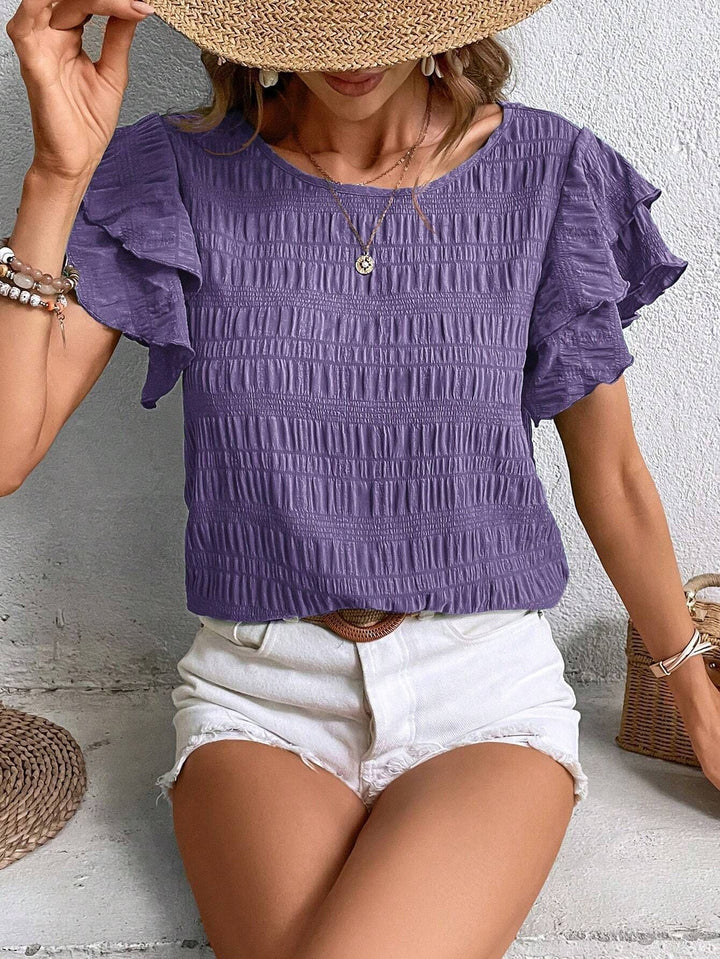 Damen Kurzarm-Bluse mit Smok-Effekt und Volantärmeln Echo Archiv
