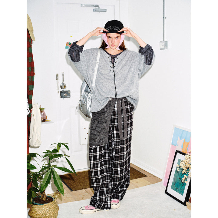 Damen Samtiges Longsleeve mit Schnürdetail und durchsichtigen Ärmel‑Einsätzen Echoarchiv