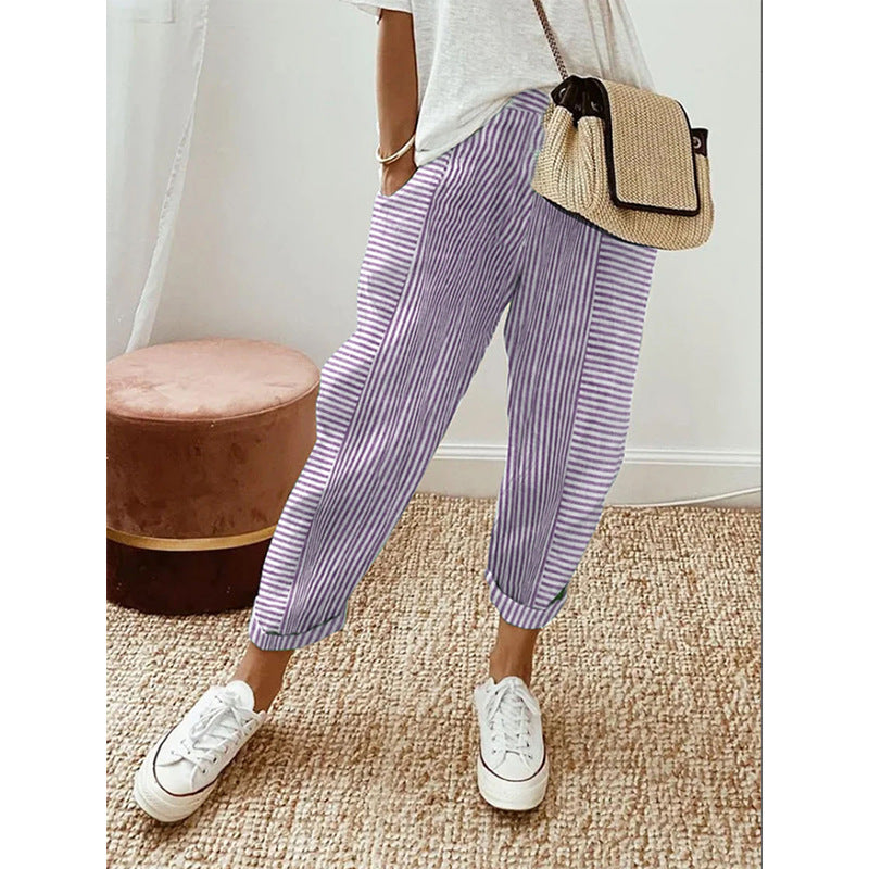 Damen Freizeit Leinenlook Hose mit Streifen, elastischem Bund und Saumabschluss – Avélisse
