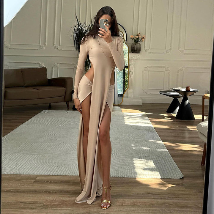 Damen Elegantes Maxikleid mit raffinierten Seitenschlitzen und langen Ärmeln Echo Archiv