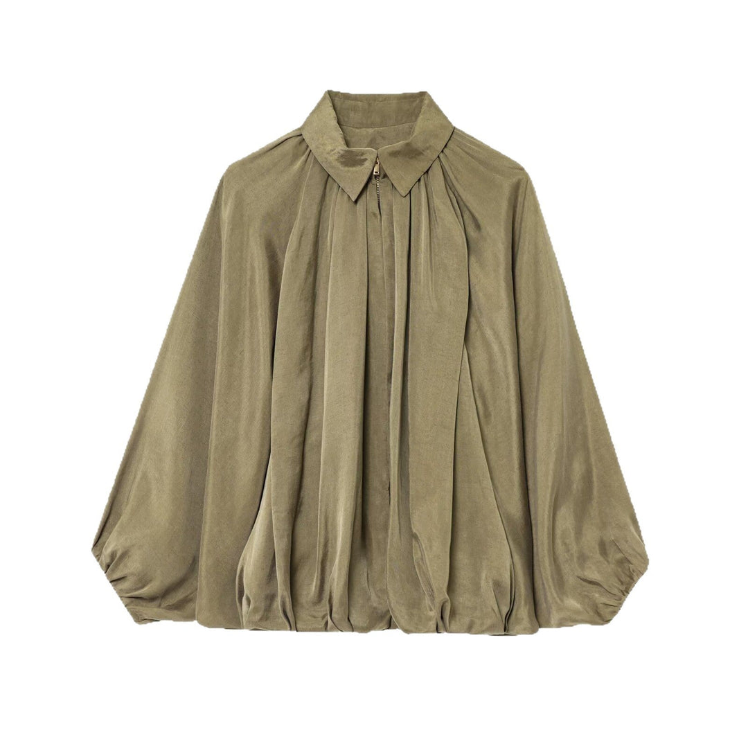 Damen Weite plissierte Cape-Bluse mit Stehkragen und verdecktem Reißverschluss Echo Archiv