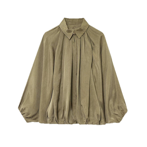 Damen Weite plissierte Cape-Bluse mit Stehkragen und verdecktem Reißverschluss Echo Archiv