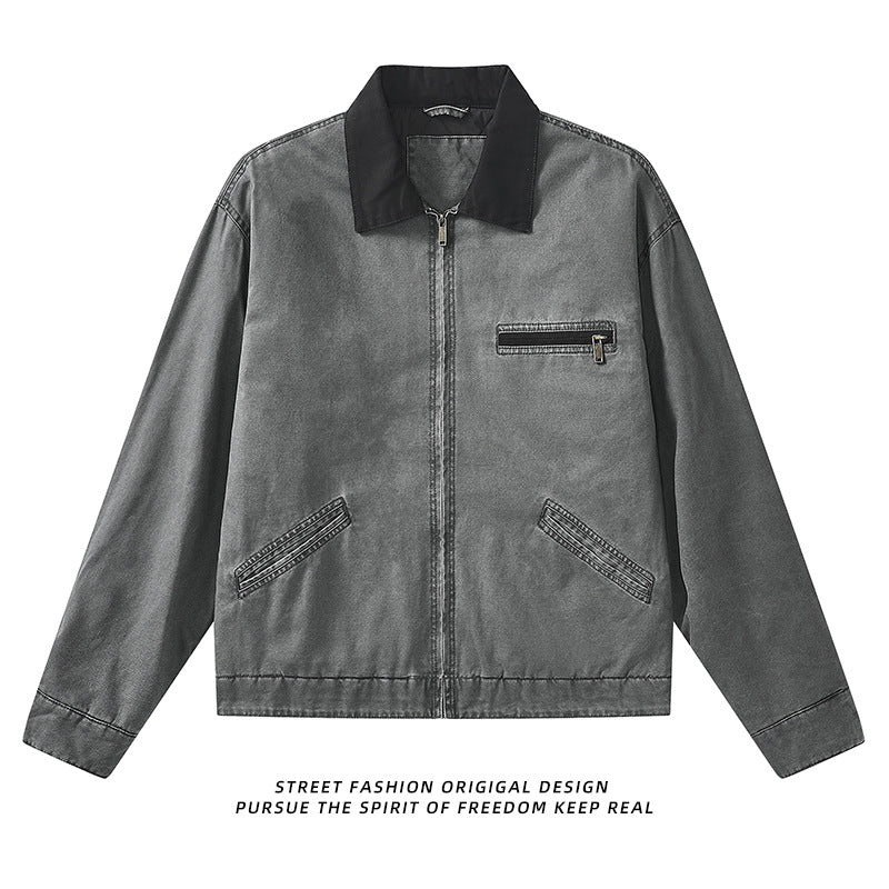 Men's vintage-inspired zip-front workwear jacket with contrast collar and angled welt pockets – Taviero