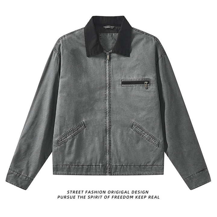 Men's vintage-inspired zip-front workwear jacket with contrast collar and angled welt pockets – Taviero