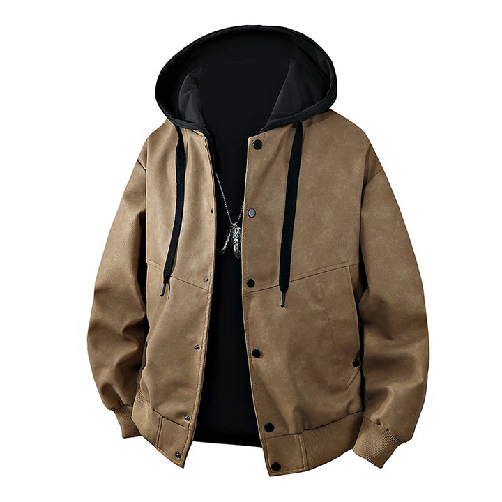 Herren Veloursleder‑Optik Kapuzenjacke mit Druckknopfblende, Oversize‑Schnitt & gerippten Bündchen Echoarchiv