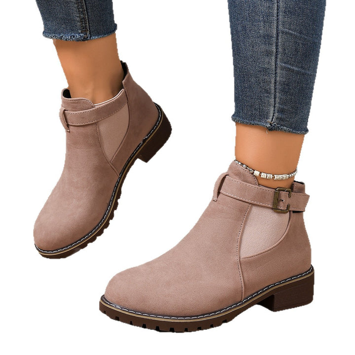 Damen Stiefelette mit Velours-Optik, elastischem Einsatz und Schnallenriemen Echoarchiv