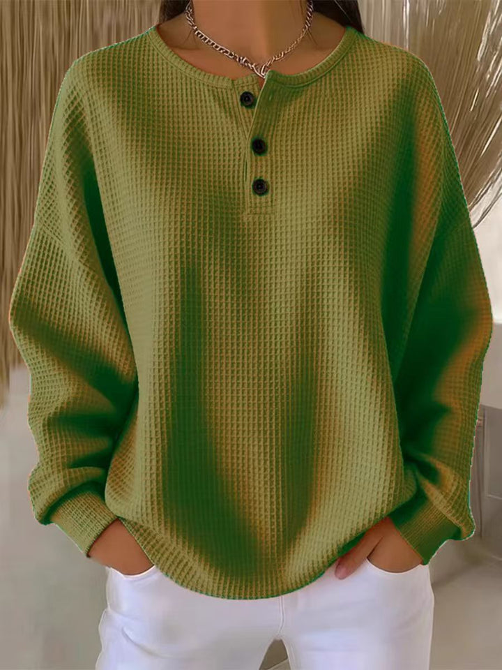Damen nan Oversized Waffelstrick Henley-Pullover mit Knopfleiste und abgerundetem Saum Echo Archiv