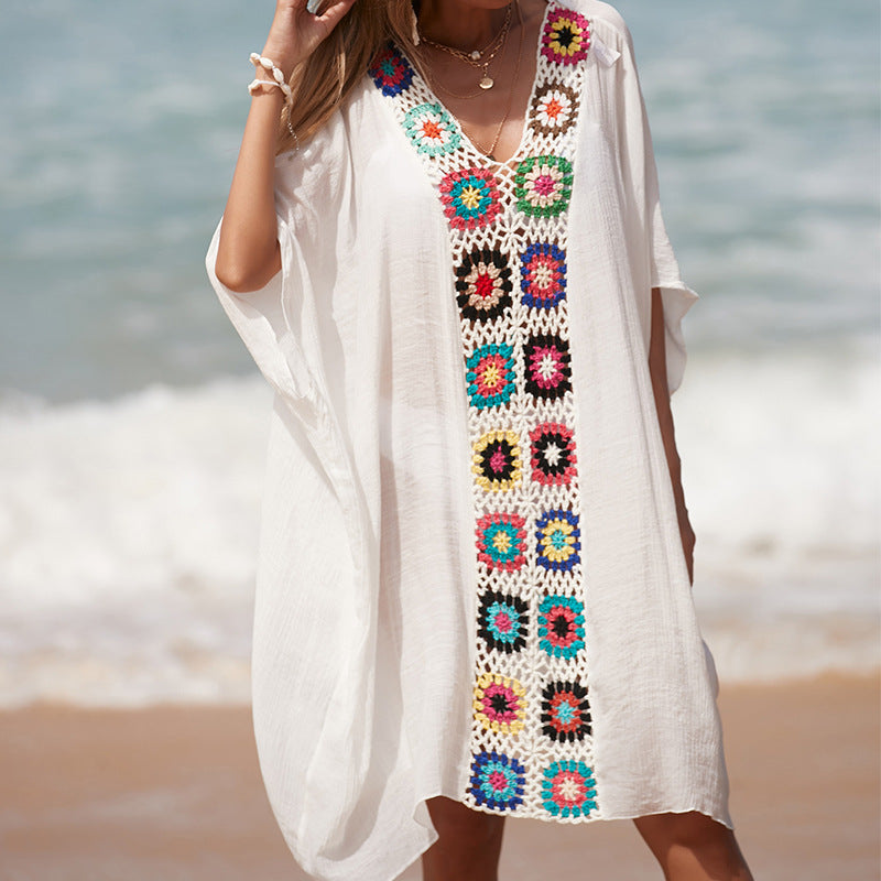 Damen Häkel-Strandtunika im lässigen Oversize-Stil mit bunten Applikationen Echo Archiv