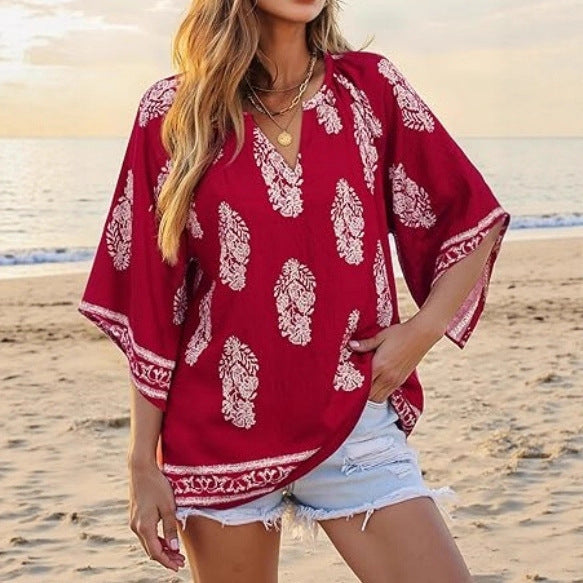 Damen Lockeres Strand-Tunika-Oberteil mit V‑Ausschnitt und Boho‑Print – Orélia