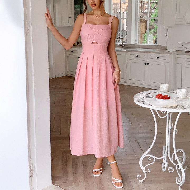 Damen Knielanges Leinenkleid mit ausgestelltem Rock und V-Ausschnitt Echo Archiv