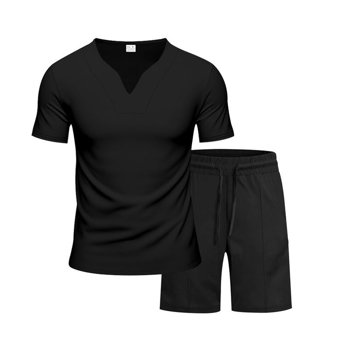 Herren Sportliches Freizeit-Set mit atmungsaktivem V-Ausschnitt T-Shirt und elastischen Shorts Echoarchiv