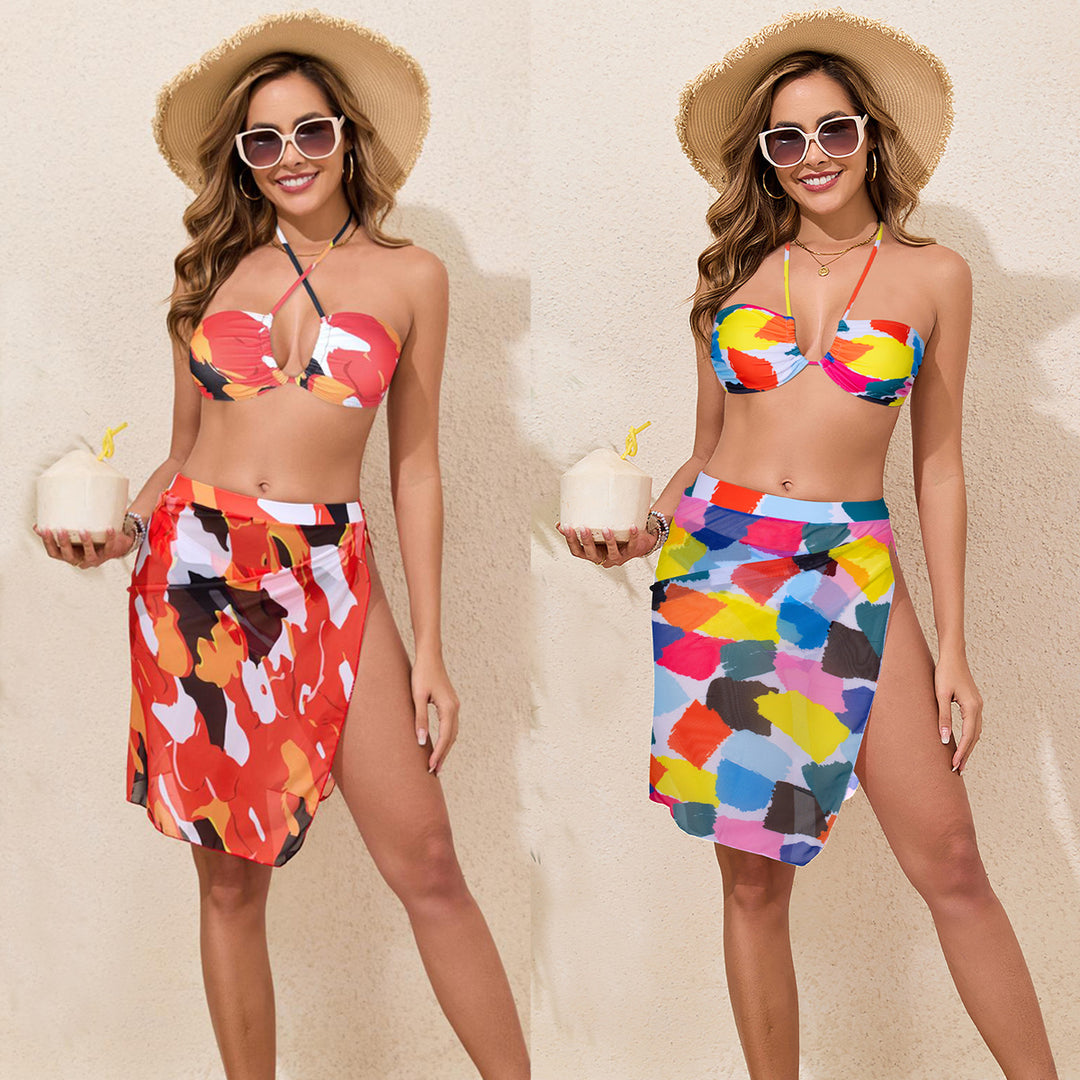 Damen Bunt bedrucktes Bikini-Set mit luftigem Überrock Echo Archiv