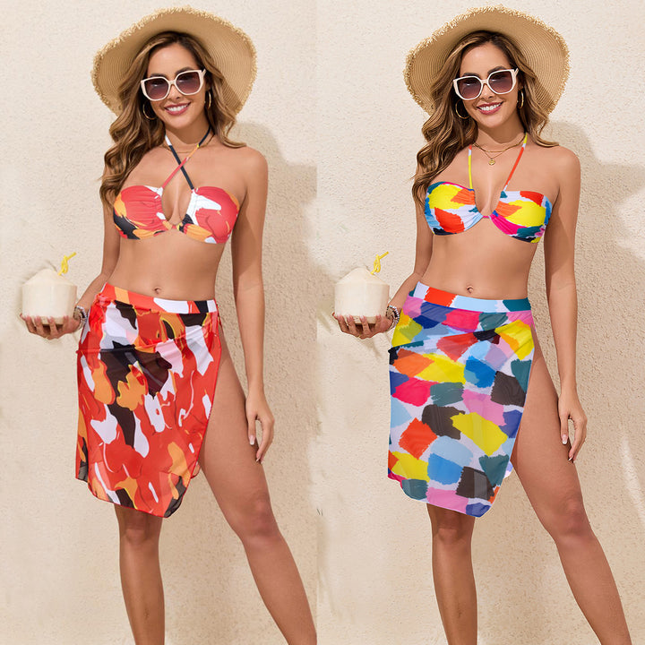 Damen Bunt bedrucktes Bikini-Set mit luftigem Überrock Echo Archiv