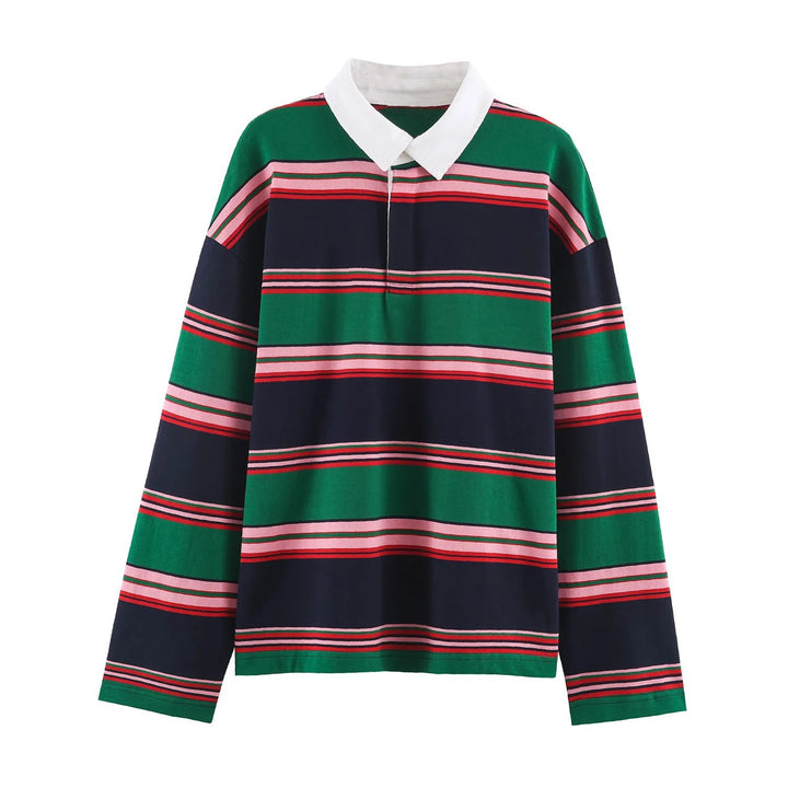 Damen Rugby‑Polo‑Shirt mit Kontrastkragen und breitem Blockstreifen Echo Archiv