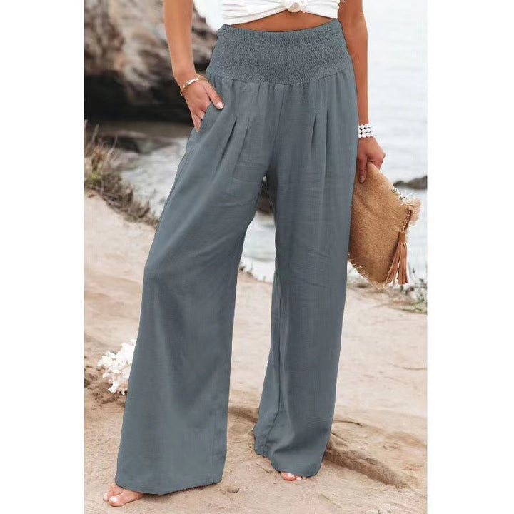 Damen weite Leinenhose mit elastischem Bund und Falten Echoarchiv