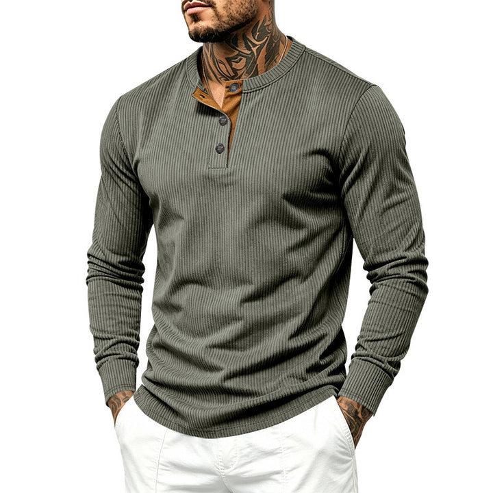 Herren Geripptes Henley-Langarmshirt aus Feinstrick mit Stehkragen und Knopfleiste – Norvane