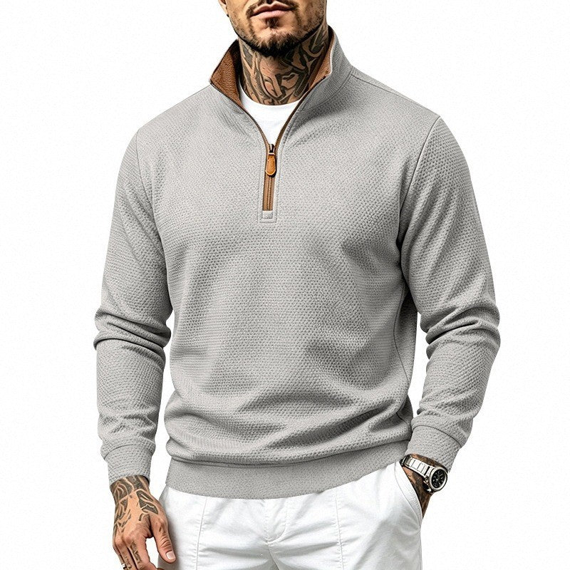 Herren Struktur-Halbzipp-Pullover mit Stehkragen und Kontrastinnenkragen Echoarchiv