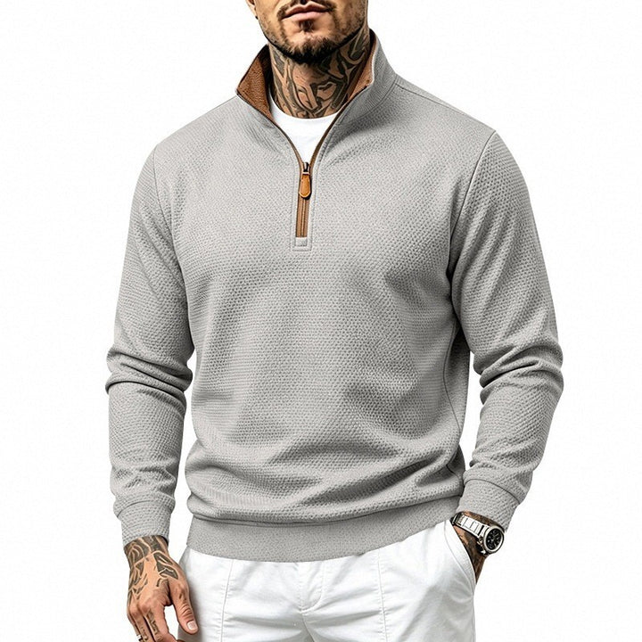 Herren Struktur-Halbzipp-Pullover mit Stehkragen und Kontrastinnenkragen Echoarchiv