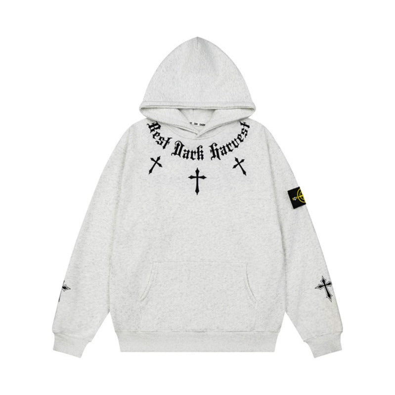 Unisex Oversize Kapuzenpullover mit Gothic-Kreuz-Print, Kängurutasche und Rippbündchen Echoarchiv