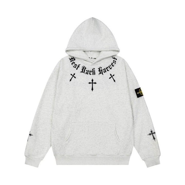 Unisex Oversize Kapuzenpullover mit Gothic-Kreuz-Print, Kängurutasche und Rippbündchen Echoarchiv
