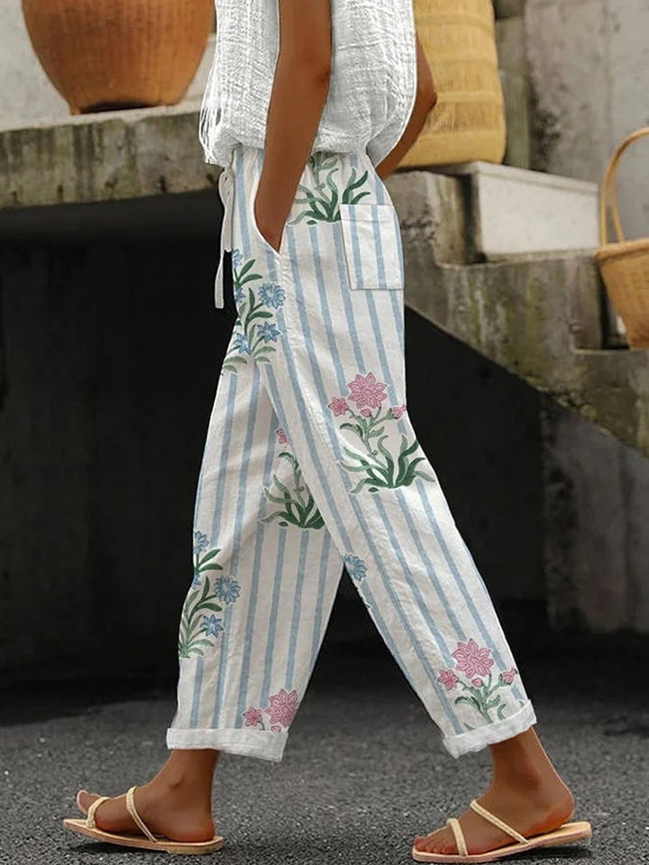 Damen Weite Leinenhose mit handgewebtem Muster Echoarchiv