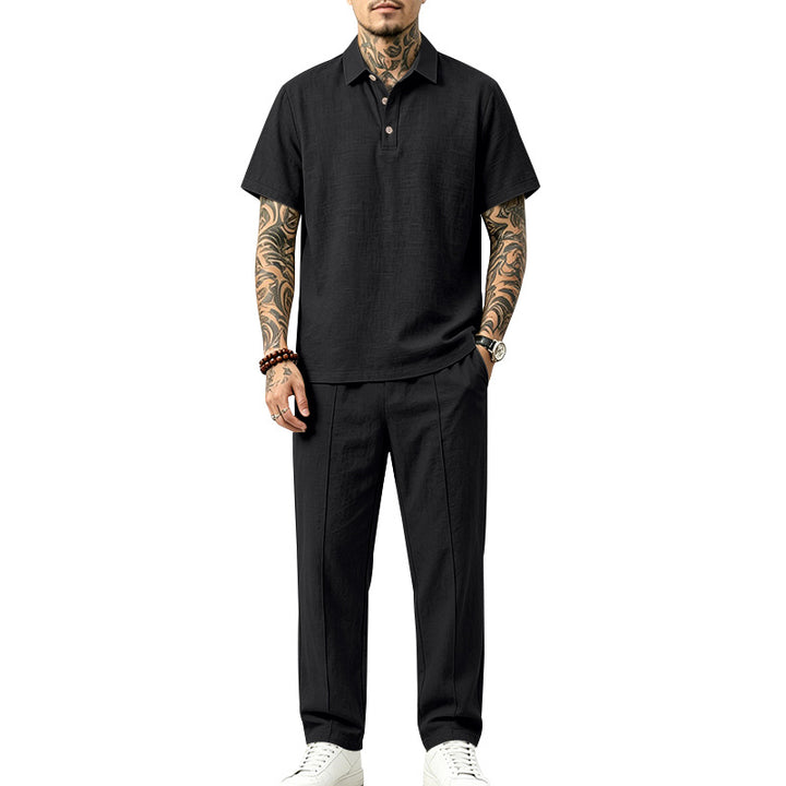 Herren Polo-Lounge-Set aus leichter Leinenmischung mit Kurzarm-Polo und gerader Bundfaltenhose Echoarchiv