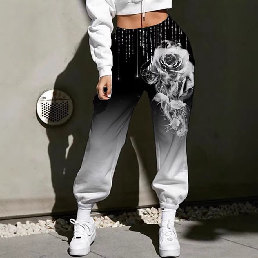 Damen Hohe Taille Jogginghosen mit Ombre-Gradient, Smoke Rose Druck und Elastischen Bündchen – Avélisse