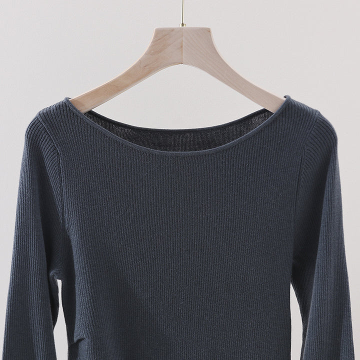 Damen Feines Rippenstrick-Longsleeve mit weitem U-Boot-Ausschnitt & seitlicher Raffung Echo Archiv