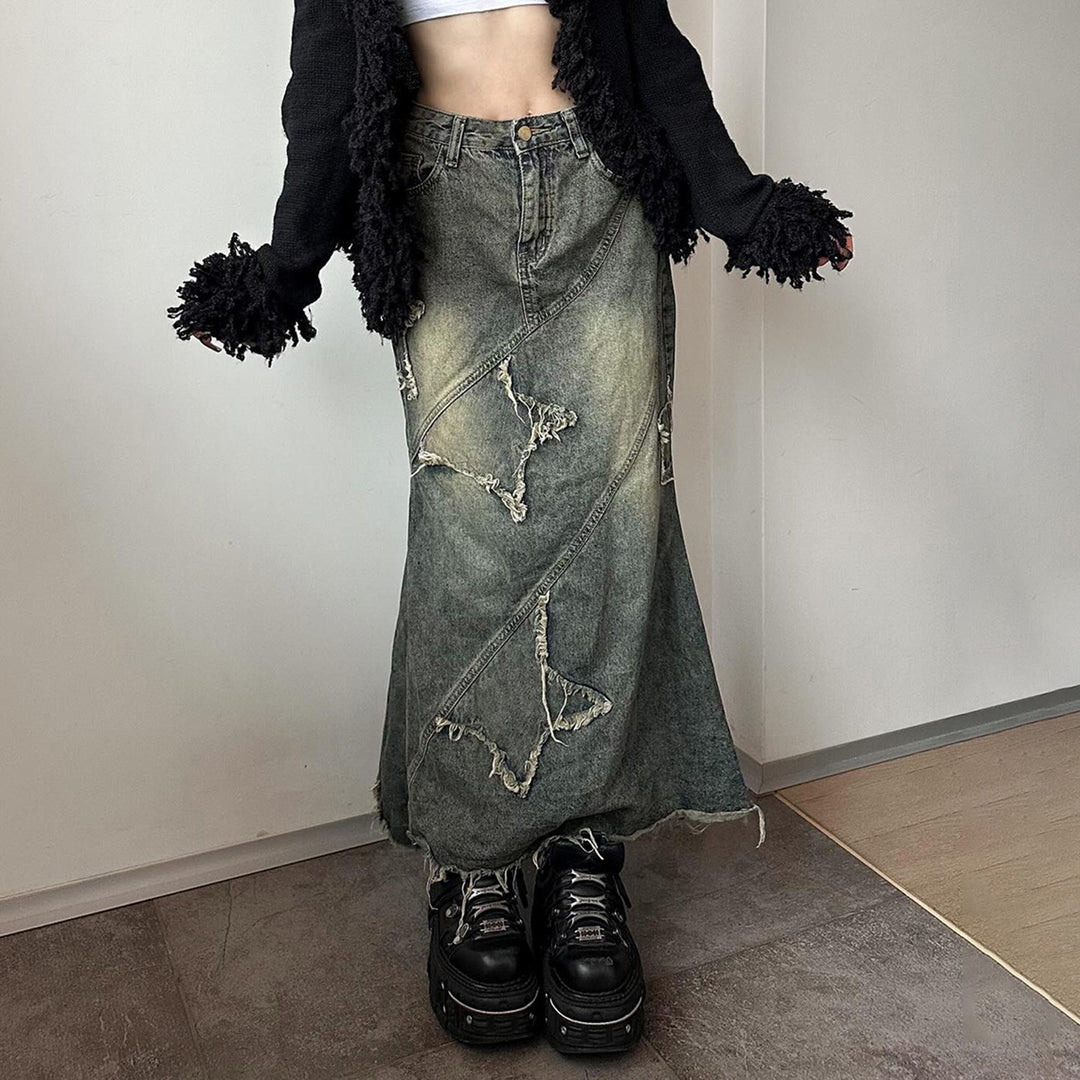 Damen nan vintage Denim-Maxirock mit ausgefransten Patches und diagonalen Ziernähten Echo Archiv