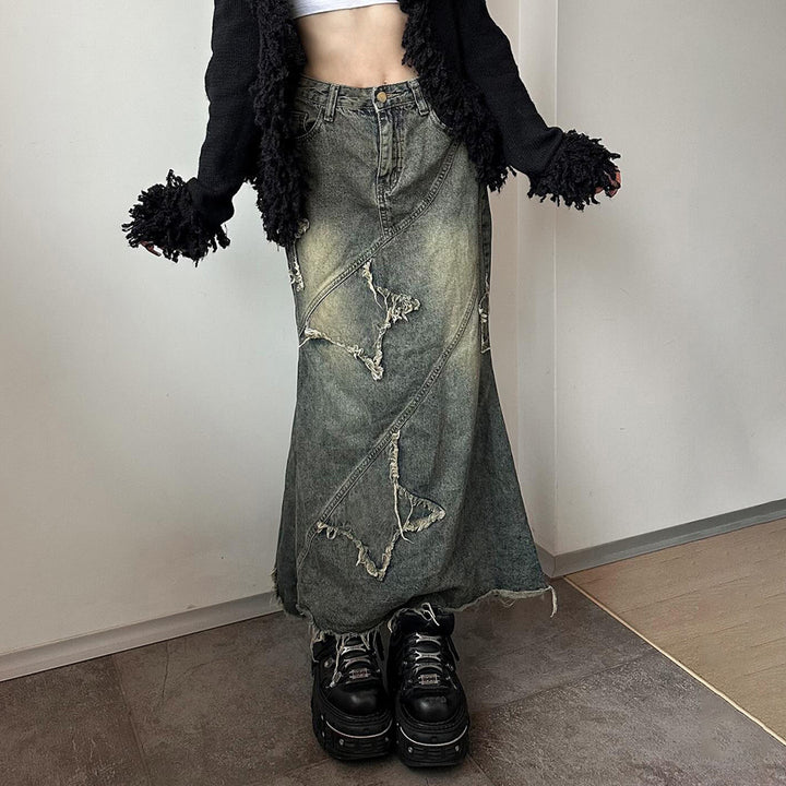 Damen nan vintage Denim-Maxirock mit ausgefransten Patches und diagonalen Ziernähten Echo Archiv
