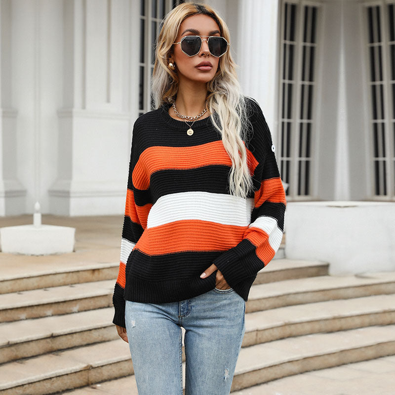 Damen Breitgestreifter Strickpullover im Fisherman‑Look mit gerippter Textur und überschnittener Schulter Echoarchiv