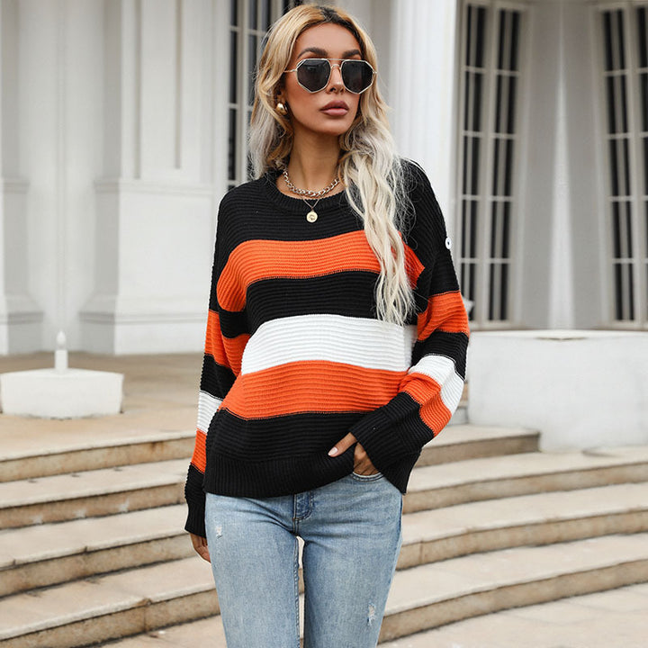 Damen Breitgestreifter Strickpullover im Fisherman‑Look mit gerippter Textur und überschnittener Schulter Echoarchiv