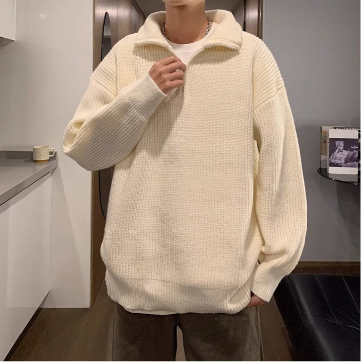 Herren Weicher Oversize-Rippenstrick-Pullover mit verdecktem Halbzip und Polokragen Echoarchiv