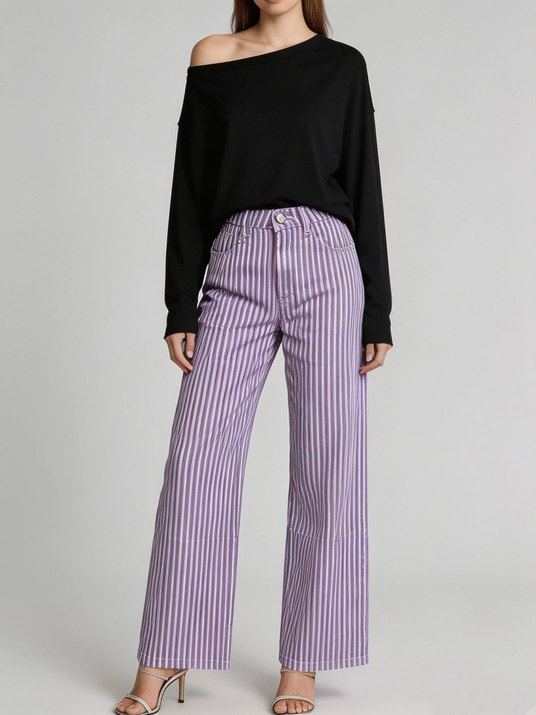 Damen nan weite High-Waist Palazzohose mit vertikalen Streifenoptik und abgesteppten Kniepartien Echo Archiv