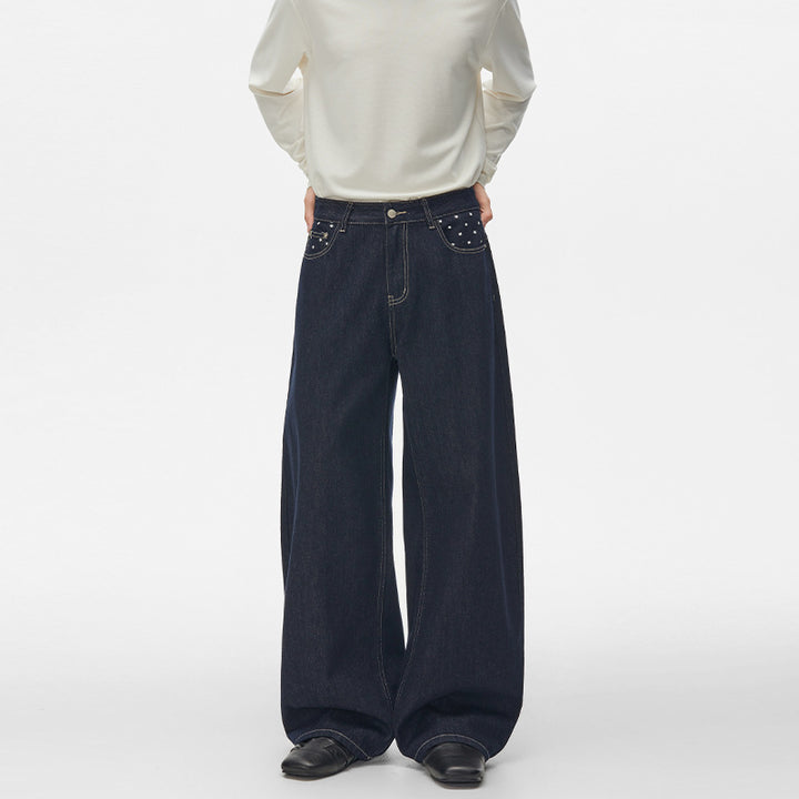 Unisex Ultraweite Palazzodenim-Hose mit Nietenbesetzten Eingrifftaschen und bodenlangem Saum Echo Archiv