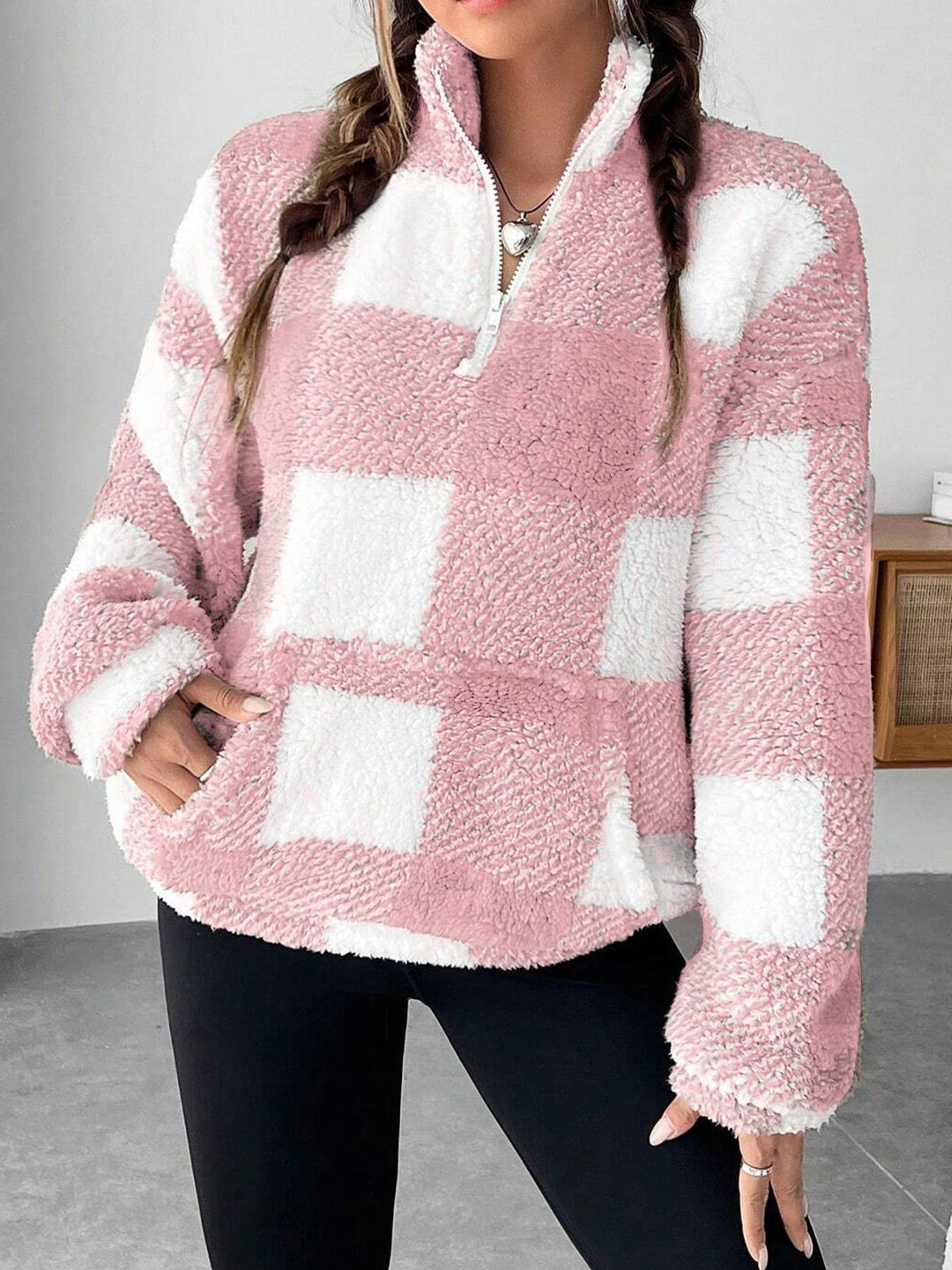 Damen nan kuscheliger Sherpa-Pullover mit Stehkragen, Half-Zip und Kängurutasche Echo Archiv